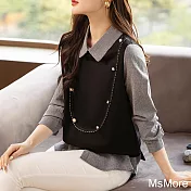 【MsMore】 黑色條紋假兩件拼接寬鬆長袖氣質減齡短版上衣# 115743 M 黑色