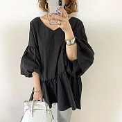 【慢。生活】日系爆款後V領扣帶設計燈籠袖拼接襯衫 8082  FREE 黑色