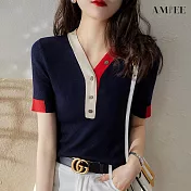 【AMIEE】跳色設計V領針織上衣(KDTY-A1197) F 藏青