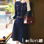 【Lockers 木櫃】春季復古收腰針織連衣裙 L112021305 M 藏藍色M