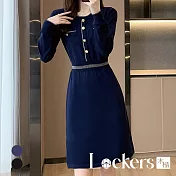 【Lockers 木櫃】春季復古收腰針織連衣裙 L112021305 XL 藏藍色XL