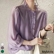 【MsMore】 甜美木耳邊宮廷七分袖純色襯衫寬鬆短版上衣 # 115772 L 紫色