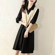 【MsMore】 時尚優雅撞色拼接翻領系帶長袖收腰連身中長洋裝 # 116069 XL 黑色