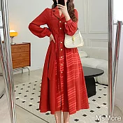 【MsMore】 喜慶宴紅色連身長袖襯衫氣質名媛小香風法式長版洋裝 # 116076 XL 紅色