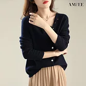 【AMIEE】開衫百搭單排針織上衣(KDTY-2830) F 藏藍色