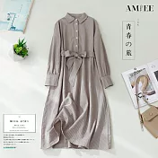 【AMIEE】法式復古棉麻長袖連身洋裝(KDDY-9891) 2XL 卡其色