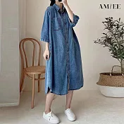【AMIEE】寬鬆襯衫連身洋裝(KDDY-1284) M 藍色