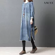 【AMIEE】復古水洗牛仔連身洋裝(KDDY-5037) M 藍色