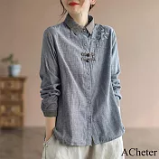 【ACheter】 文藝復古細格子襯衫大碼民族風刺繡風盤扣長袖短版上衣 # 115707 M 藍色