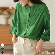 【ACheter】 復古簡約胸口百褶設計立領襯衫長袖寬鬆中長款上衣 # 116016 M 綠色