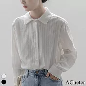 【ACheter】 法式復古白色長袖襯衫百搭緹花條紋寬鬆短版上衣 # 116108 M 白色