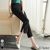 【ACheter】 專櫃品質開衩西裝褲直筒休閒九分薄寬鬆高腰鬆緊長褲 # 116156 2XL 黑色
