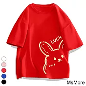 【MsMore】 好運兔紅色短袖T恤寬鬆圓領百搭上衣# 115574 M 紅色