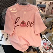【MsMore】 粉色棉字母蛋糕印花圓領短袖T恤短版上衣# 115990 M 粉紅色
