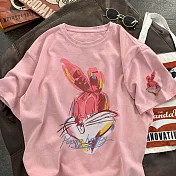 【MsMore】 彩色兔棉圓領寬鬆百搭短袖T恤短版上衣# 115991 M 粉紅色