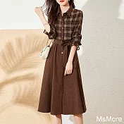 【MsMore】 時尚簡約百搭格紋拼接英倫風氣質收腰顯瘦長袖連身長版洋裝# 116045 M 格子