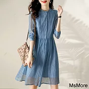 【MsMore】 仙氣飄飄時尚領口木耳邊收腰百褶長袖中長版洋裝# 116065 M 藍色