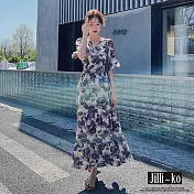 【Jilli~ko】V領復古玫瑰碎花縮腰顯瘦桔梗連衣裙 J9991  FREE 灰色