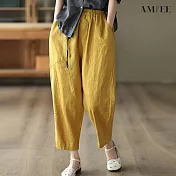 【AMIEE】復古棉麻純色休閒九分褲(KDPY-8707) XL 黃色