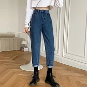 【MsMore】 牛仔褲高腰直筒寬鬆老爹顯瘦九分哈倫長褲# 116205 L 藍色