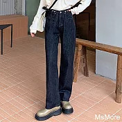 【MsMore】 黑灰闊腿激瘦牛仔褲高腰直筒寬鬆老爹反摺造型長褲# 116210 L 黑色