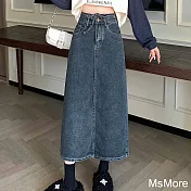 【MsMore】 韓系百搭顯瘦A字牛仔裙高腰氣質開叉百搭長裙# 116211 S 藍色