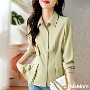 【MsMore】 優雅知性豆綠襯衫時尚別致設計感顯瘦長袖上衣# 116256 L 綠色