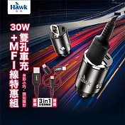 Hawk 30W雙孔車充+MFI線特惠組 銀色
