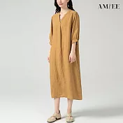 【AMIEE】日系純色棉麻連身洋裝(KDDY-6295) L 黃色