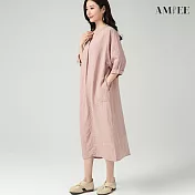 【AMIEE】日系純色棉麻連身洋裝(KDDY-6295) L 粉色
