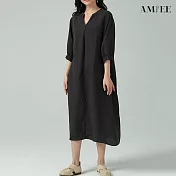 【AMIEE】日系純色棉麻連身洋裝(KDDY-6295) L 藏黑色