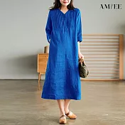 【AMIEE】簡約短袖連身洋裝(KDDY-A143) 2XL 藍色