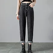 【MsMore】 高腰直筒寬鬆牛仔褲百搭鬆緊腰頭顯瘦哈倫九分牛仔長褲# 115514 L 黑灰
