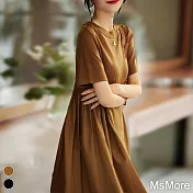 【MsMore】 設計感法式寬鬆顯瘦三醋酸萊賽爾休閒短袖t恤連衣# 112328 L 焦糖