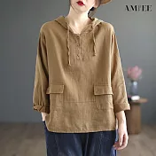 【AMIEE】復古棉麻寬鬆連帽上衣(KDTY-6093) XL 卡其