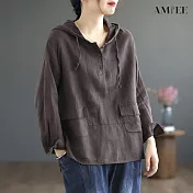 【AMIEE】復古棉麻寬鬆連帽上衣(KDTY-6093) XL 咖啡