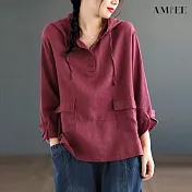 【AMIEE】復古棉麻寬鬆連帽上衣(KDTY-6093) XL 酒紅