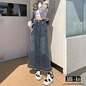 【Jilli~ko】復古設計感毛鬚邊高腰牛仔長裙 M-L J10010 M 深藍色