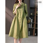 【AMIEE】法式棉麻襯衫連身洋裝(KDDY-9887) 2XL 橄欖綠