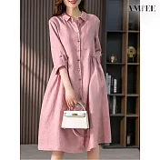 【AMIEE】法式棉麻襯衫連身洋裝(KDDY-9887) 2XL 粉色