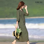 【AMIEE】純色棉麻五粉袖連衣裙(KDDY-3596) 2XL 深青綠色
