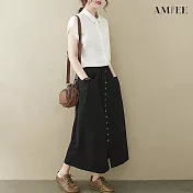 【AMIEE】百搭棉麻半身裙(KDSY-049) FREE 黑色