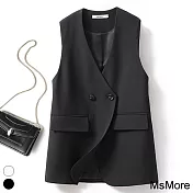 【MsMore】 薄款無領西裝韓版寬鬆V領背心中長版純色百搭外套# 116383 M 黑色