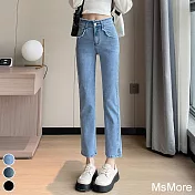 【MsMore】 小個子彈力九分牛仔褲高腰修身顯瘦顯腿長煙管直筒褲# 116430 2XL 藍色