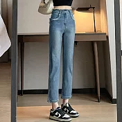 【MsMore】 小個子彈力九分牛仔褲高腰修身顯瘦顯腿長煙管直筒褲# 116430 M 牛仔藍