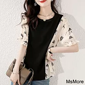 【MsMore】 圓領拼接優雅五分短袖氣質韓版寬鬆休閒假2件百搭短版上衣 # 116376 L 黑色
