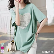 【MsMore】 愛心撞色時尚短袖t恤寬鬆圓領氣質休閒上衣 # 116418 M 綠色