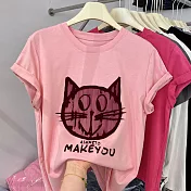 【MsMore】 抖音爆款寵物貓印花圓領棉大碼正肩短袖T恤短版百搭上衣# 116459 L 粉紅色