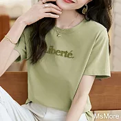 【MsMore】 休閒綠清新牙刷繡T恤圓領簡約短袖百搭韓版短版上衣 # 116404 2XL 綠色