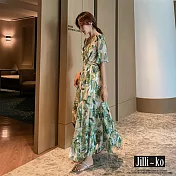 【Jilli~ko】夏季綠葉印花氣質連衣裙 2398  FREE 綠色